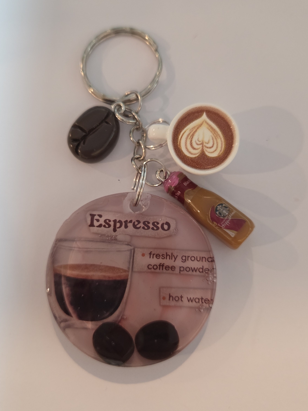 Handmade Espresso Coffee Charm Keychain with Latte Art & Ice Coffee Bottle Charm